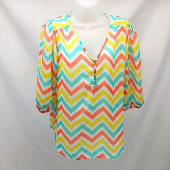 Poelle Du Jour Sheer Chevron Patterned Women's Top Blouse Large Vibrant Colors.. - Picture 1 of 10